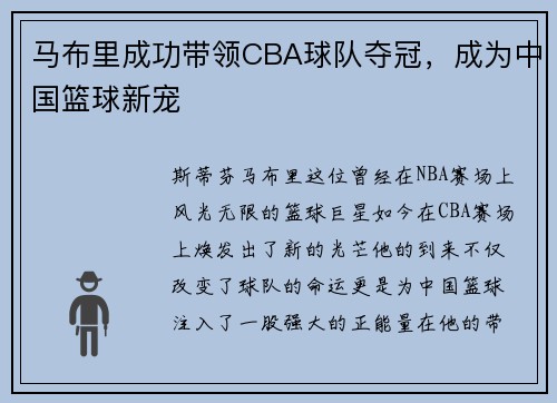 马布里成功带领CBA球队夺冠，成为中国篮球新宠